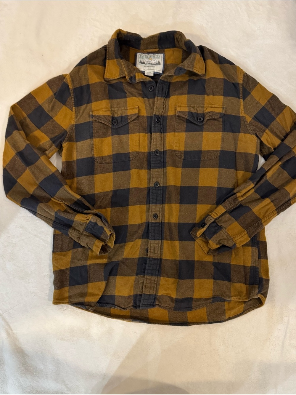 American Eagle Outfitters Men's Mustard & Black Plaid Button-Down Shirt